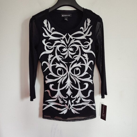INC International Concepts Tops - Ladies SZ PM Inc Black Embroidered Mesh Long-Sleeve Top